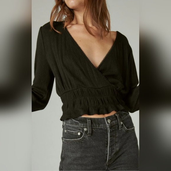 Lucky Brand Pointelle-Trim Surplice Top Jet Black XL New - Picture 3 of 10